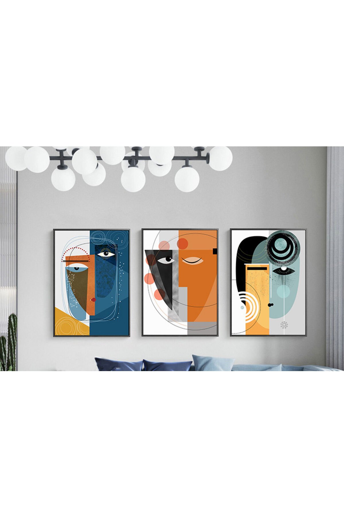 Üçlü Siyah Metal Çerçeve Siluet Yüzler Sanatsal Camlı Tablo Seti