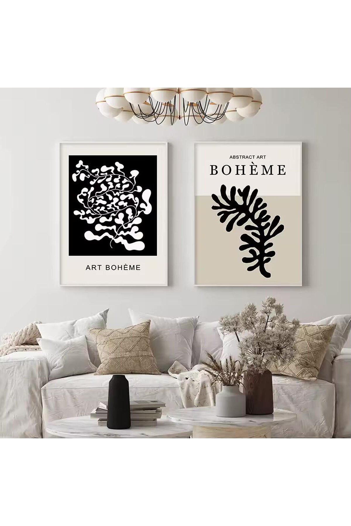 İkili Beyaz Metal Çerçeveli Art Bohem Cam Tablo Seti