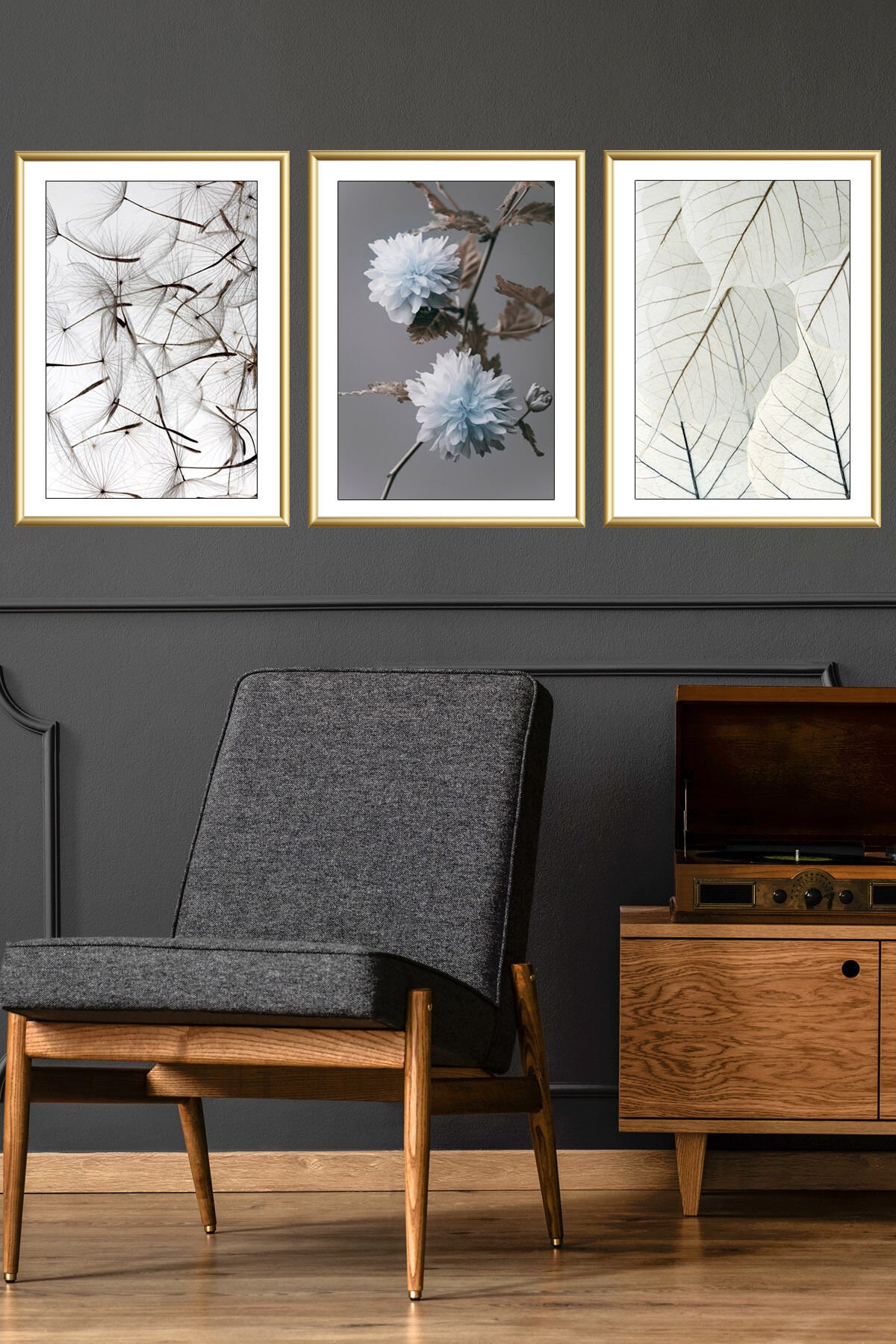 3lü Gold Metal Beyaz Çiçek Cam Çerçeveli Set