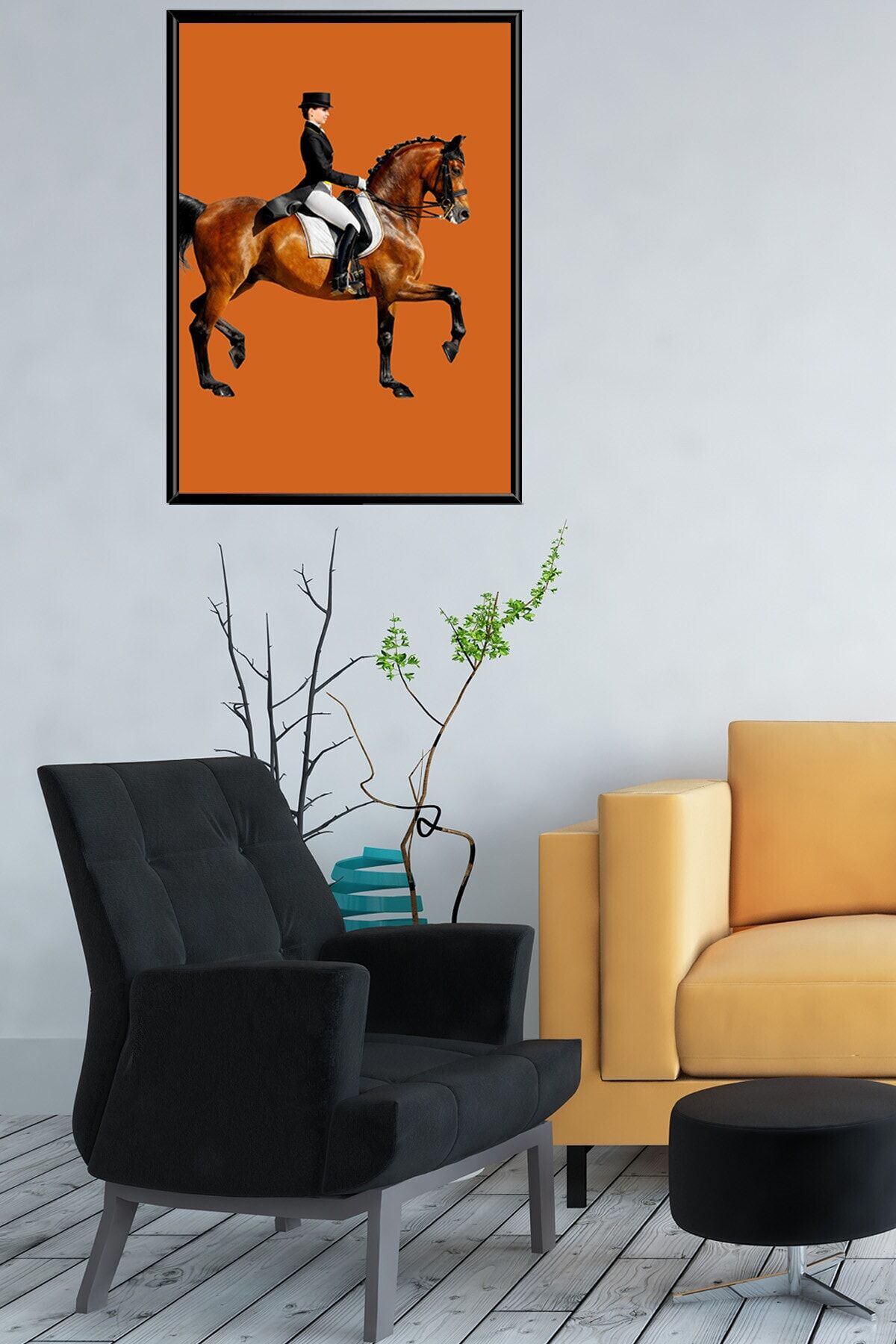 Tekli Siyah Alüminyum Metal Çerçeve At Turuncu Jokey Binici Camlı Tablo Seti