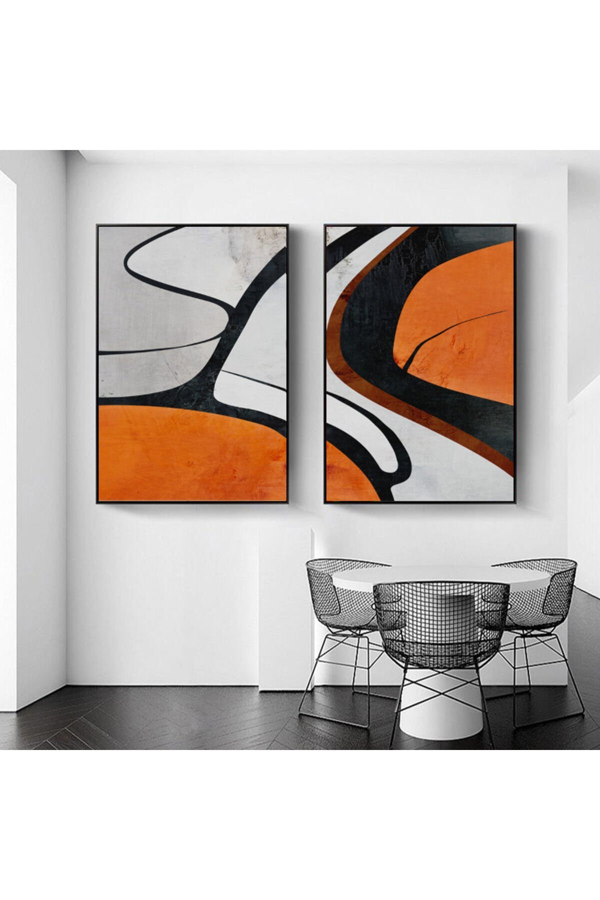 Ikili Siyah Metal Çerçeveli Turuncu Gri Geometrik Camlı Poster Tablo Seti