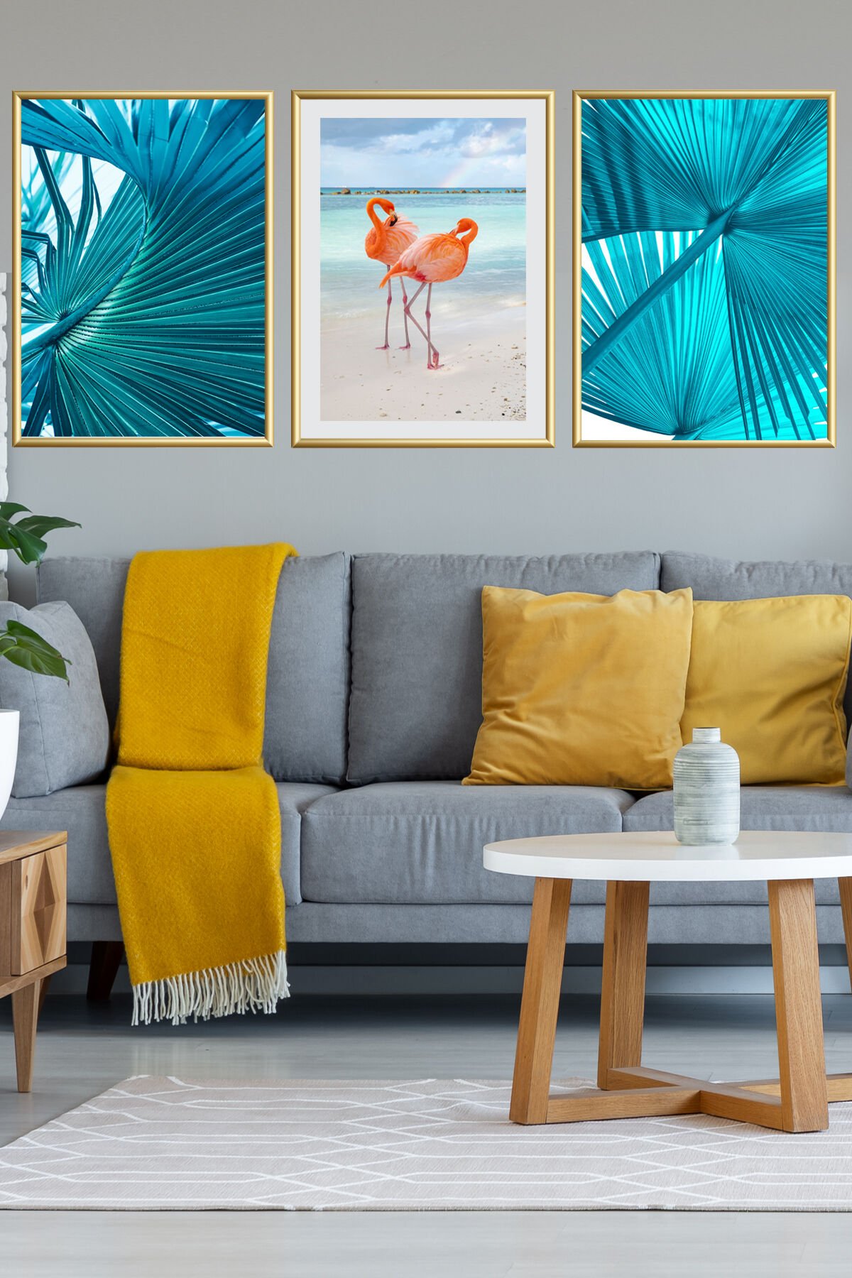 3lü Dekoratif Tablo Cam Alüminyum Mavi Gold Çerçeveli Poster Set