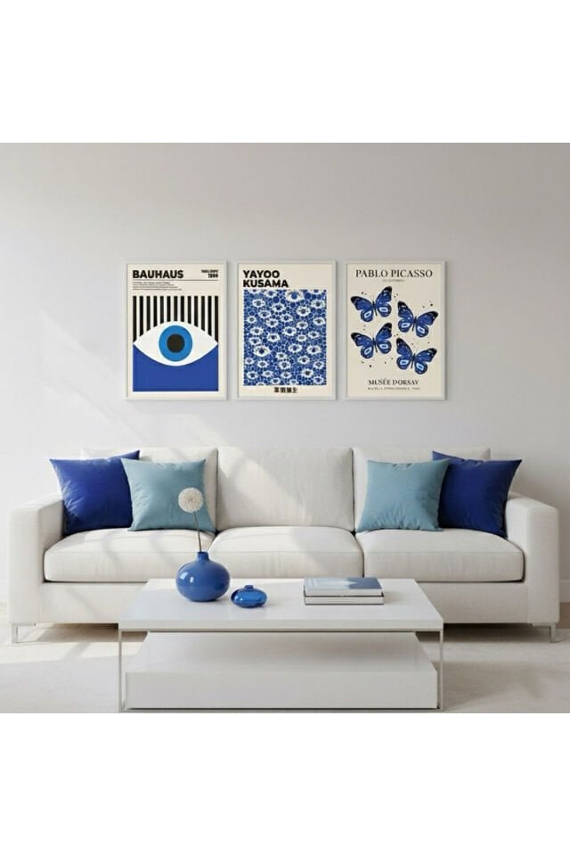 3lü Beyaz Metal Çerçeve Mavi Kelebek Göz Camlı Tablo Seti