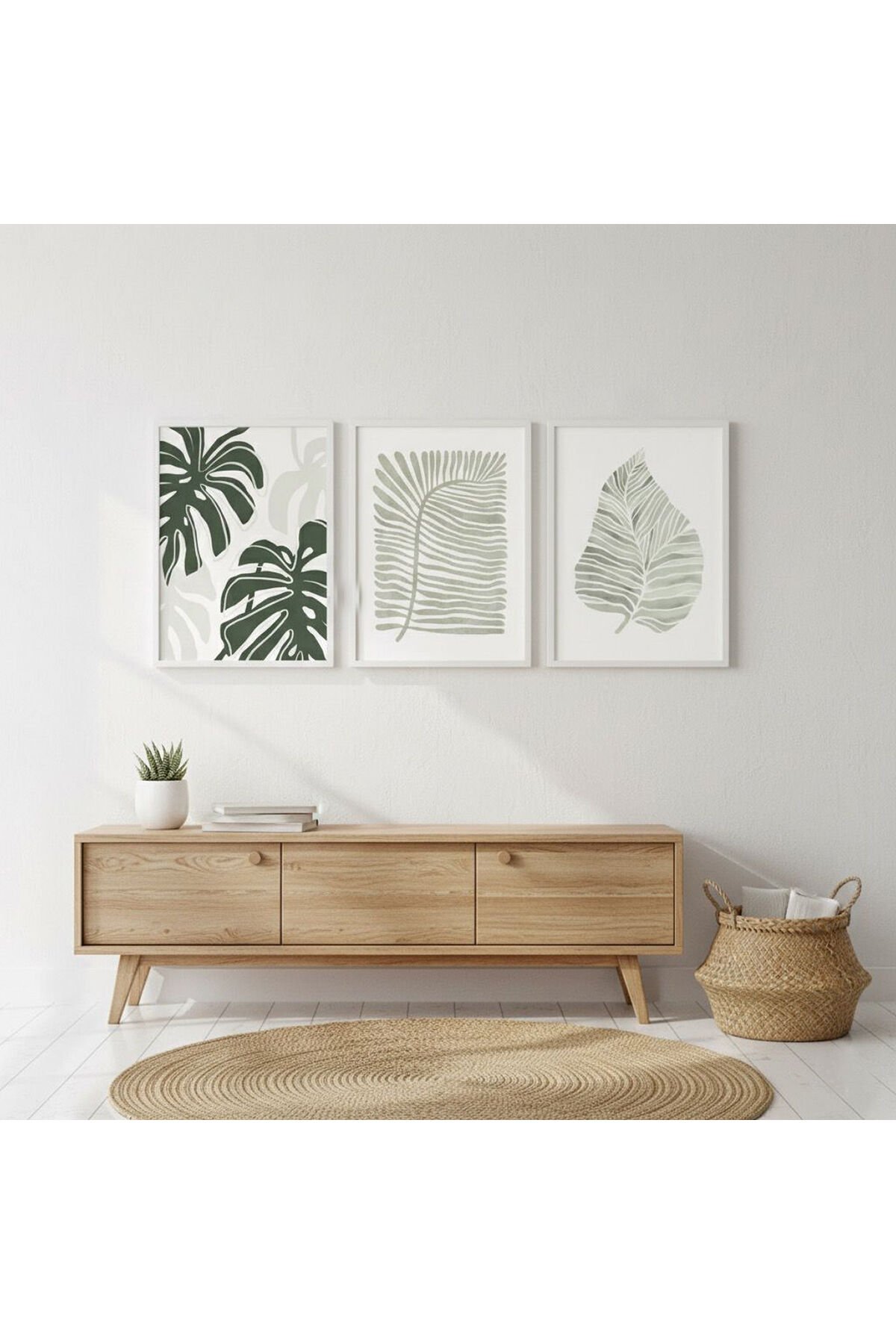 3lü Beyaz Metal Çerçeve Yeşil Yaprak Soft Camlı Tablo Seti