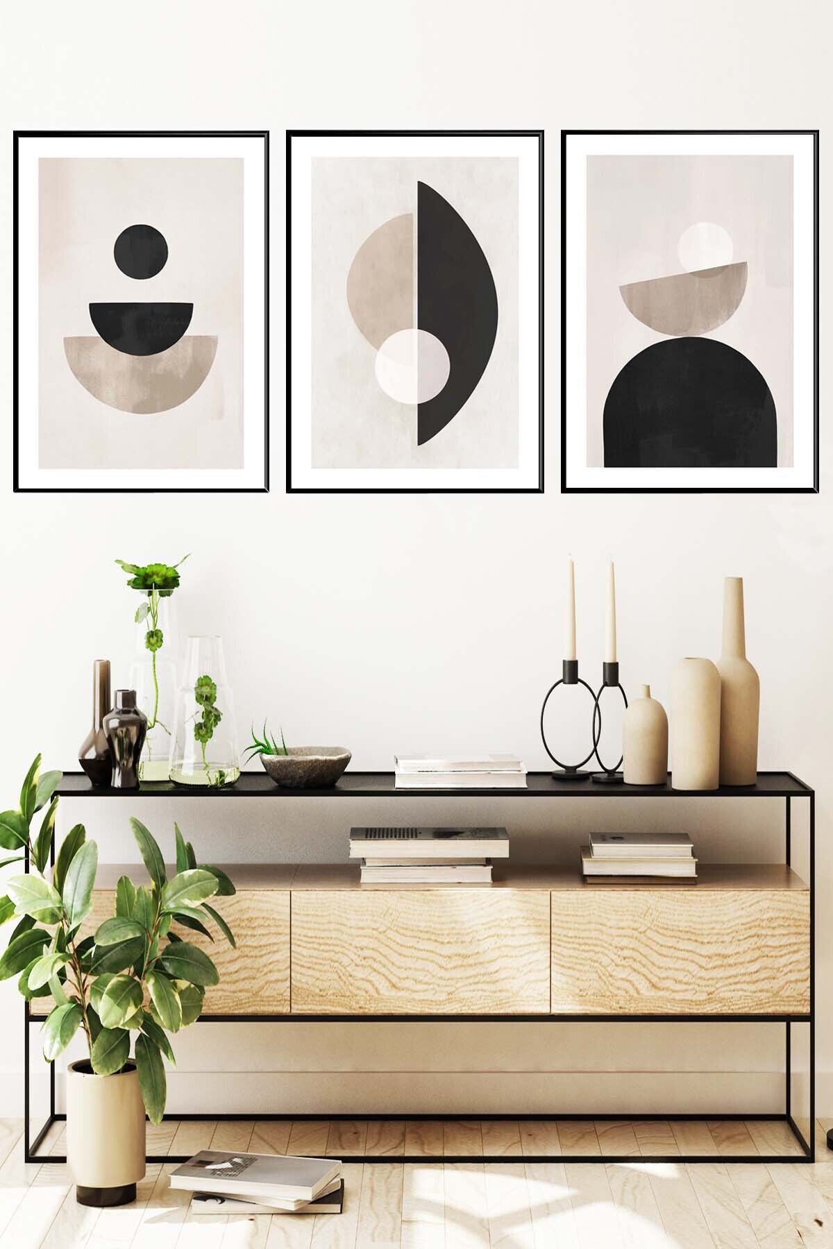 3lü Siyah Alüminyum Çerçeve Minimalist Daire Gri Camlı Poster Tablo Seti