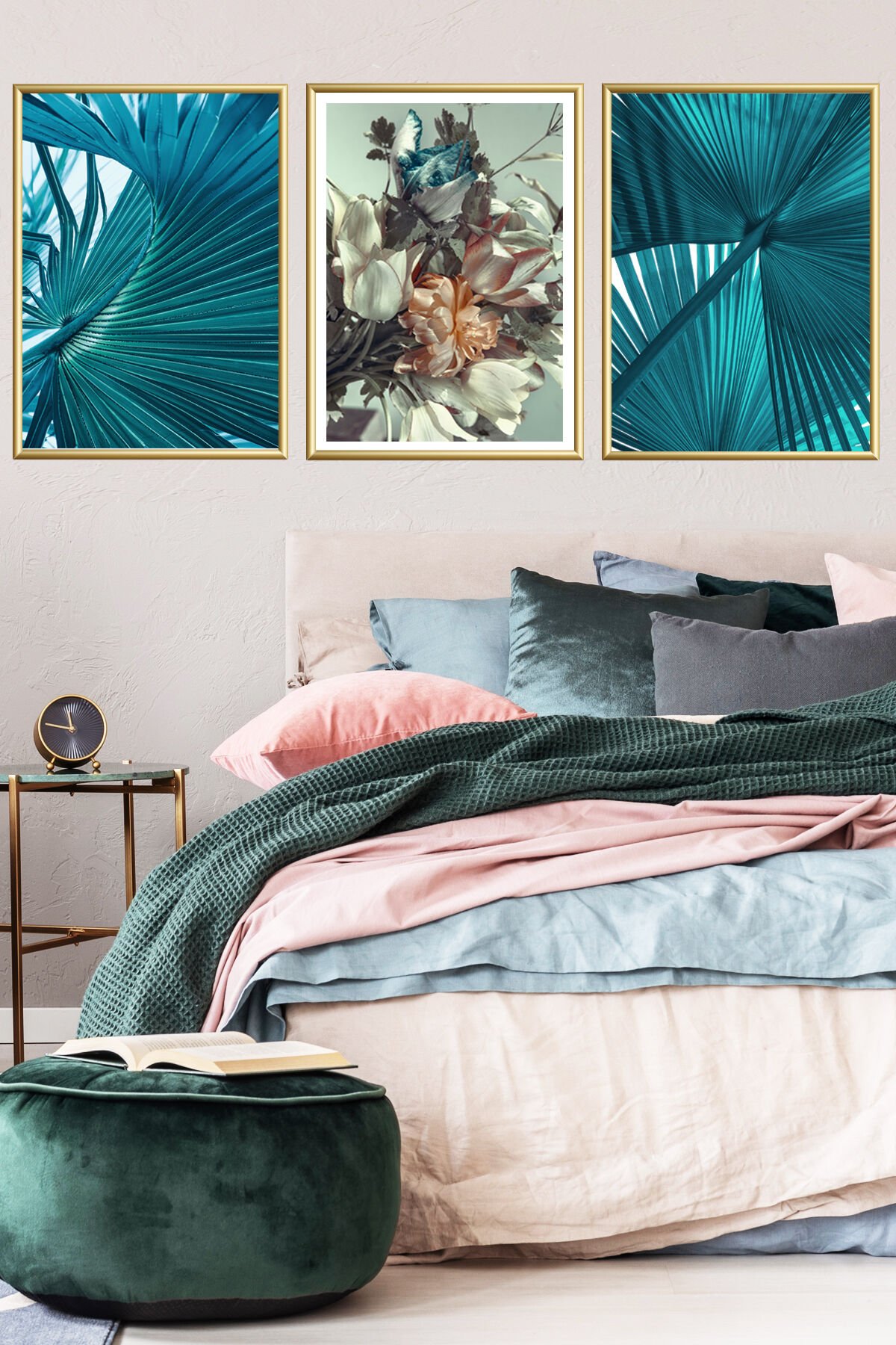 3lu Gold Camlı Mavi Metal Mutfak Tablo Alüminyum Çerçeveli Poster Set