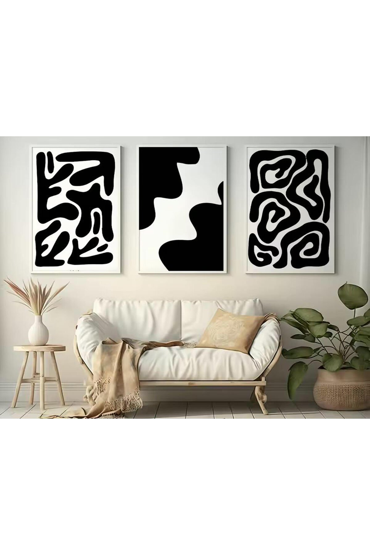 3lü Beyaz Metal Çerçeve Siyah Modern Camlı Tablo Seti