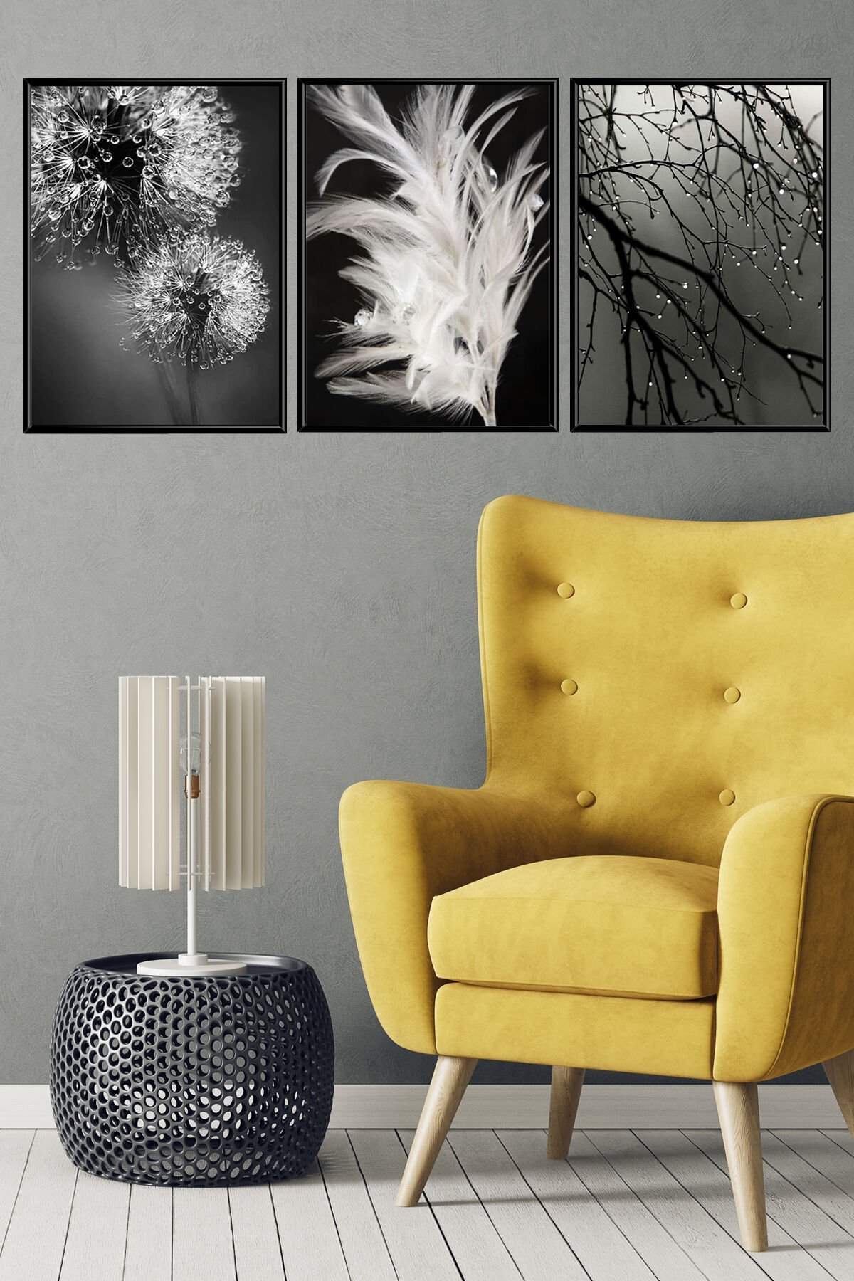 3lü Siyah Alüminyum Çerçeve Işıltı Karahindiba Camlı Poster Tablo Seti