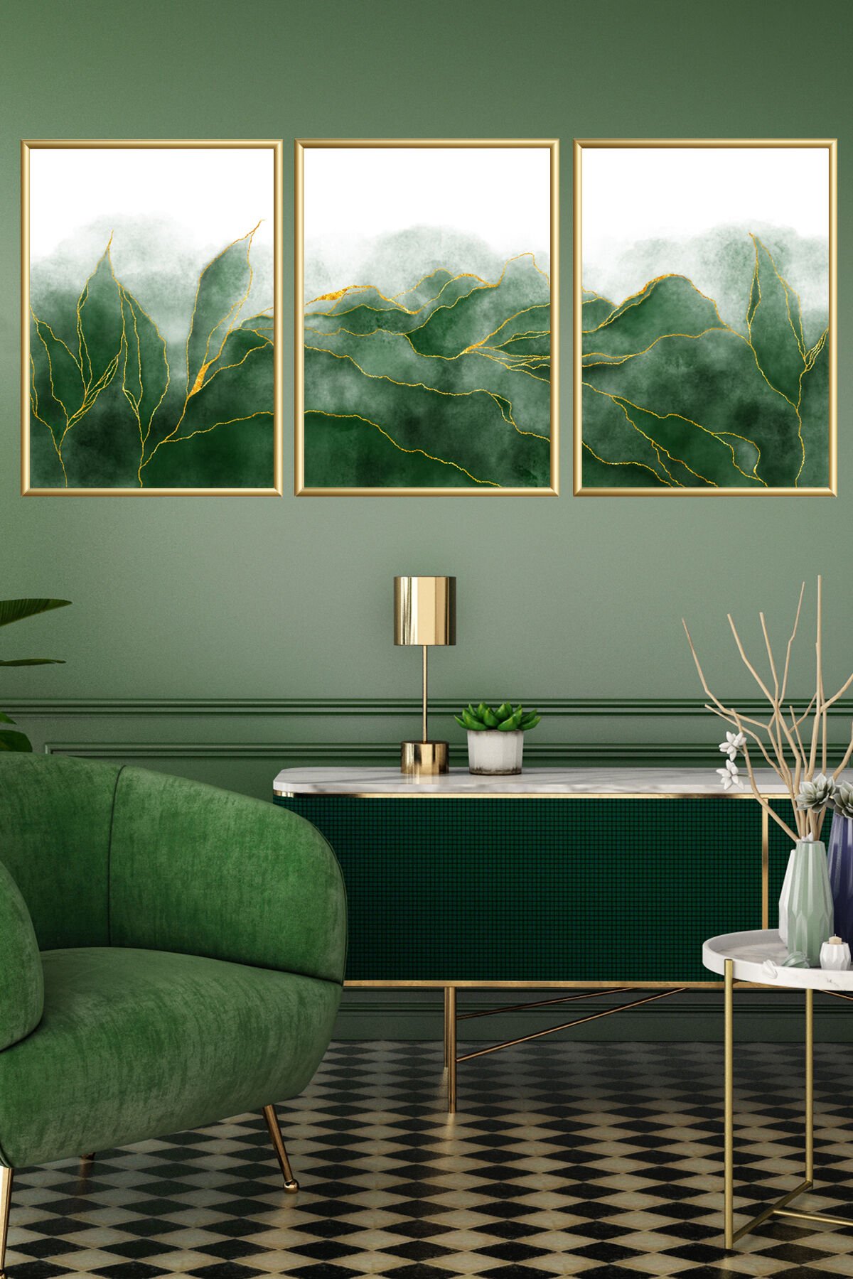 3lu Gold Alüminyum Yeşil Mutfak Tablo Metal Çerçeveli Poster Tablo Set