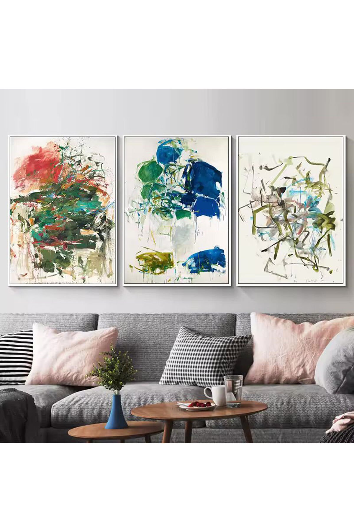 3lü Beyaz Metal Çerçeve Renkli Sanatsal Camlı Tablo Seti