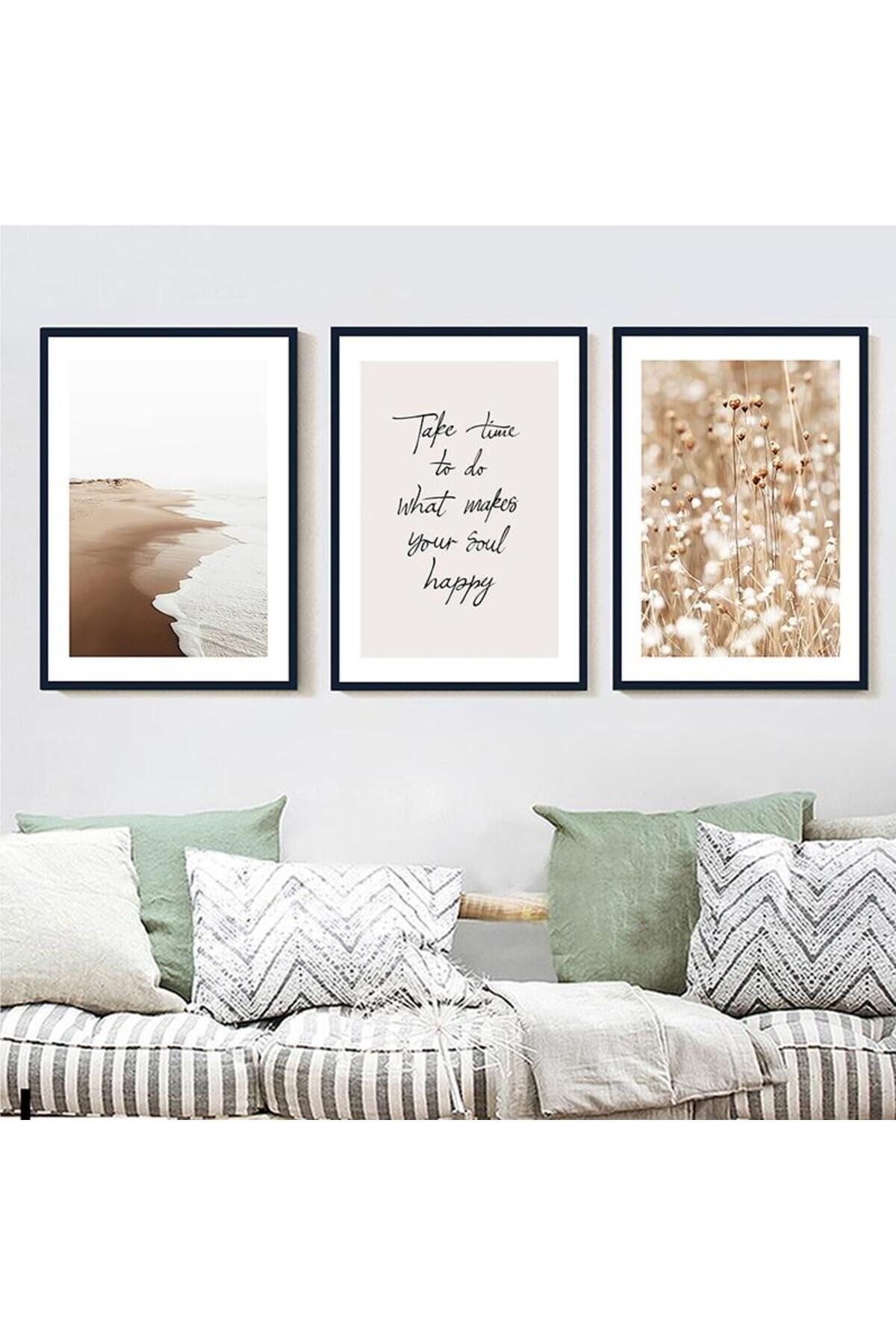 Üçlü Siyah Alüminyum Metal Çerçeveli Motto Kumsal Soft Camlı Tablo Seti