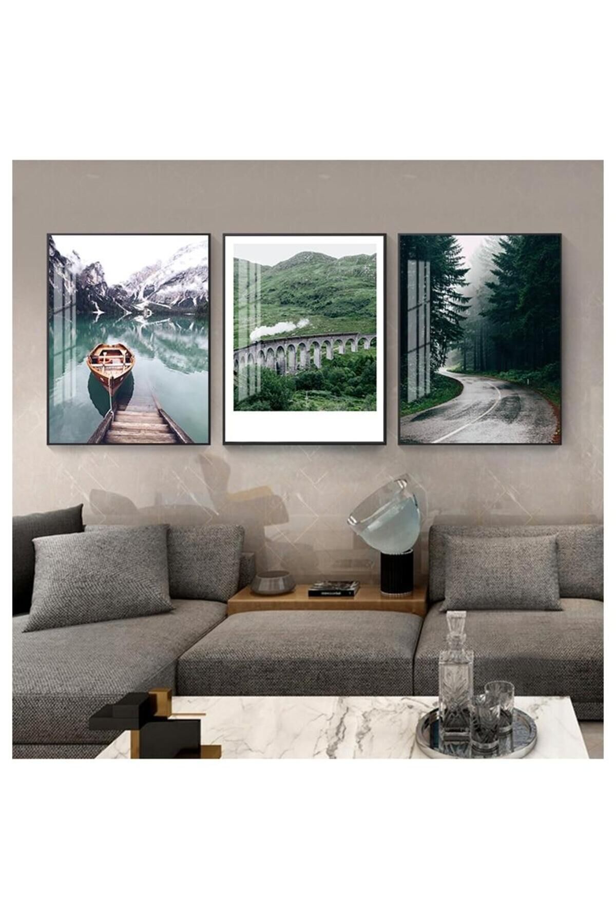 3lü Siyah Alüminyum Metal Çerçeve Yeşil Doğa Manzara Camlı Tablo Seti