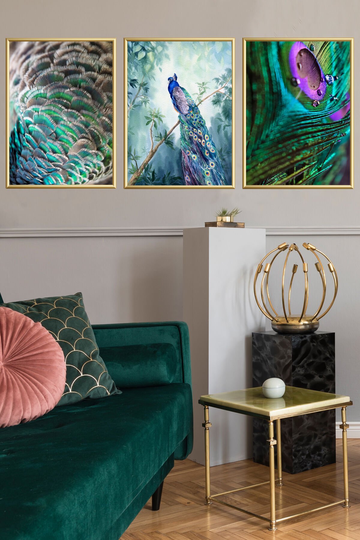 3lu Cam Tablo Yeşil Mavi Tavuz Kuşu Alüminyum Çerçeveli Set