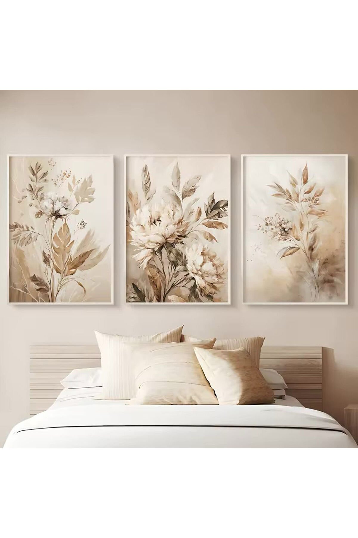3lü Beyaz Metal Çerçeve Kahve Çiçek Camlı Tablo Seti