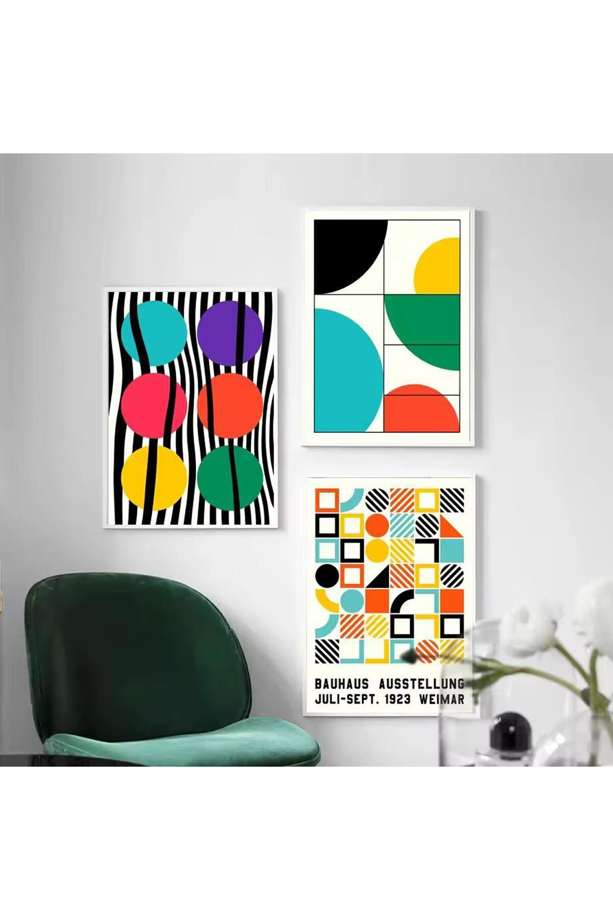 3lü Beyaz Metal Çerçeve Sarı Kırmızı Camlı Tablo Seti