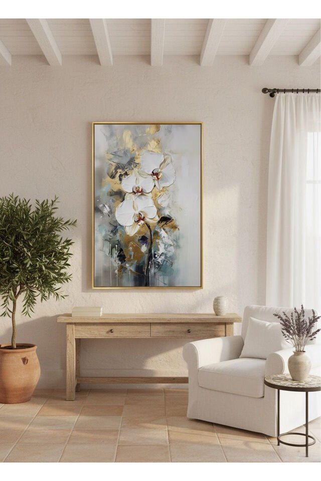 Tekli Gold Metal Çerçeve Beyaz Çiçek Gerçek Cam Tablo Seti Gold - 60 X 90