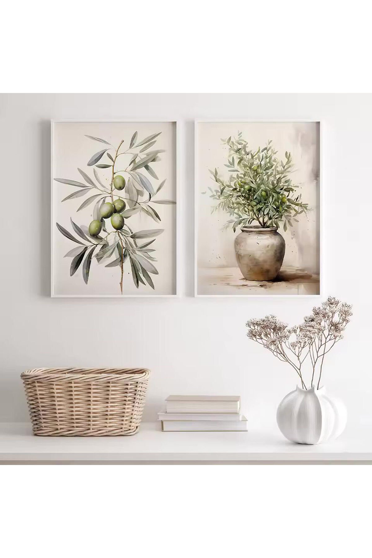 İkili Beyaz Metal Çerçeve Zeytin Saksı Camlı Tablo Seti