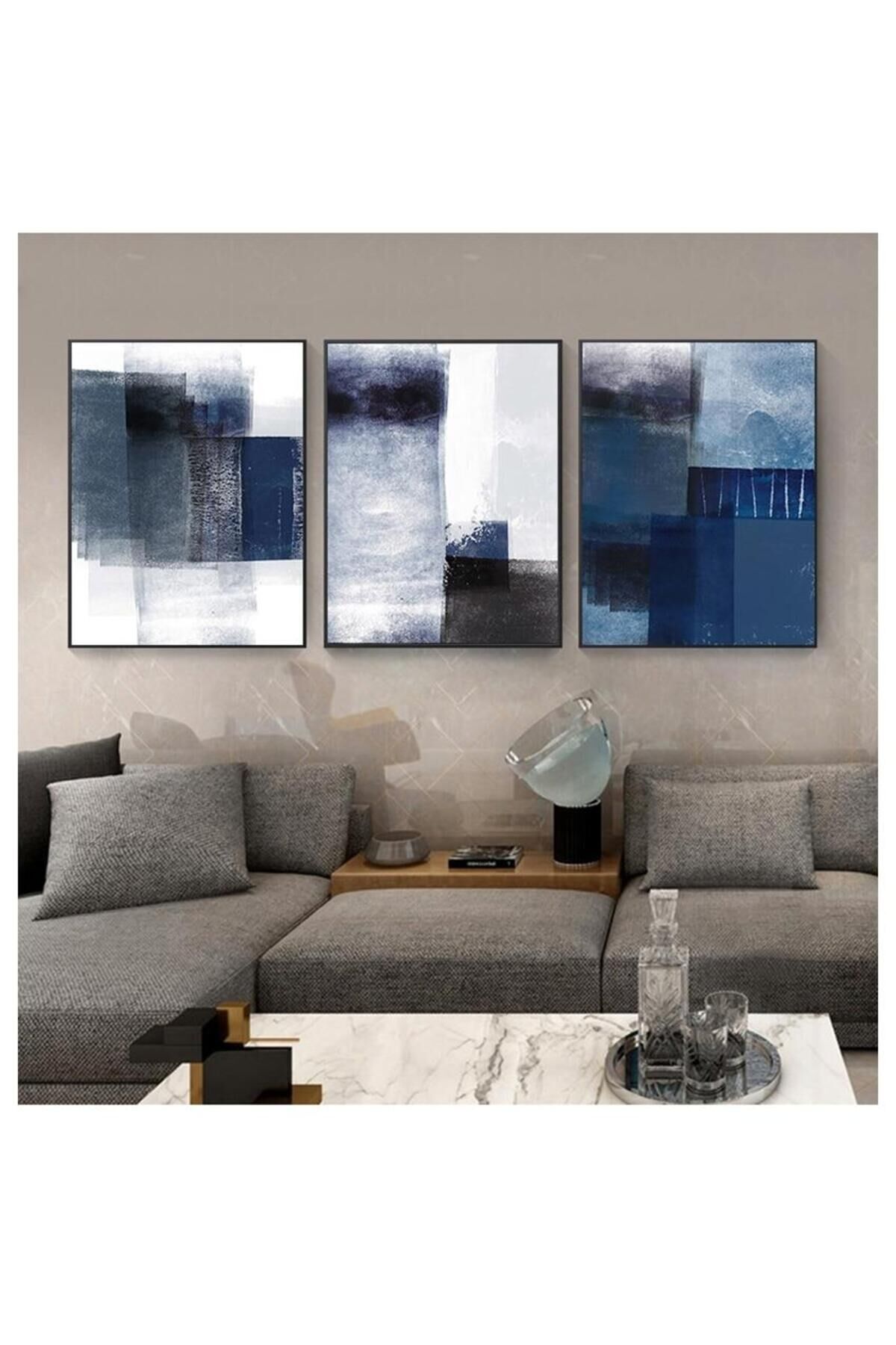 3lü Siyah Alüminyum Metal Çerçeve Mavi Soyut Camlı Tablo Seti