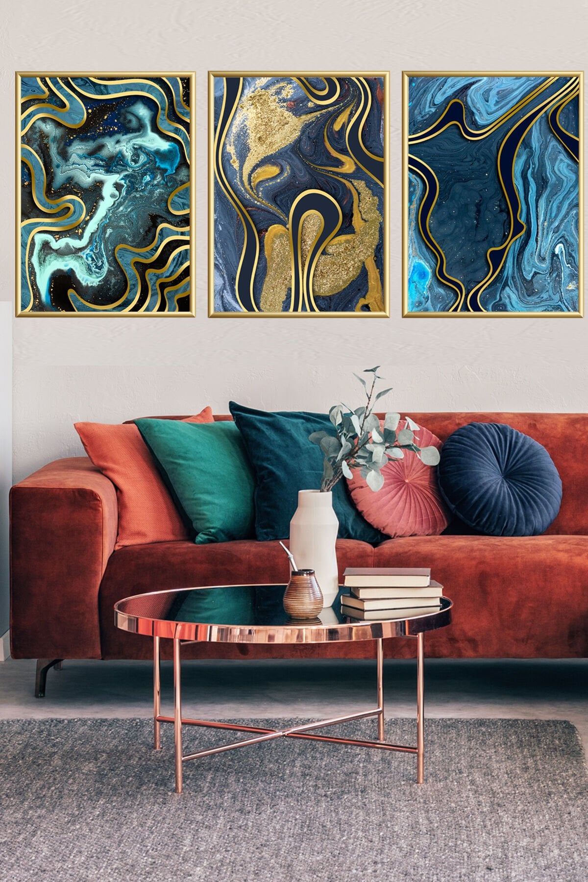 Üçlü Gold Modern Mavi Mermer Desen Altın Alüminyum Metal Çerçeveli Set