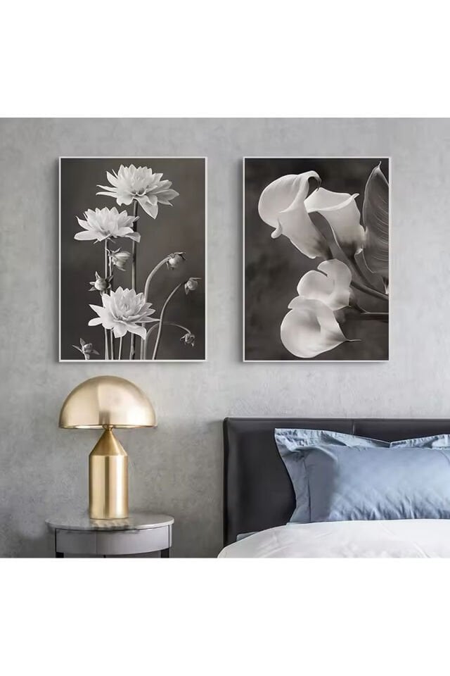 İkili Beyaz Metal Çerçeve Çiçek Siyah Camlı Tablo Seti