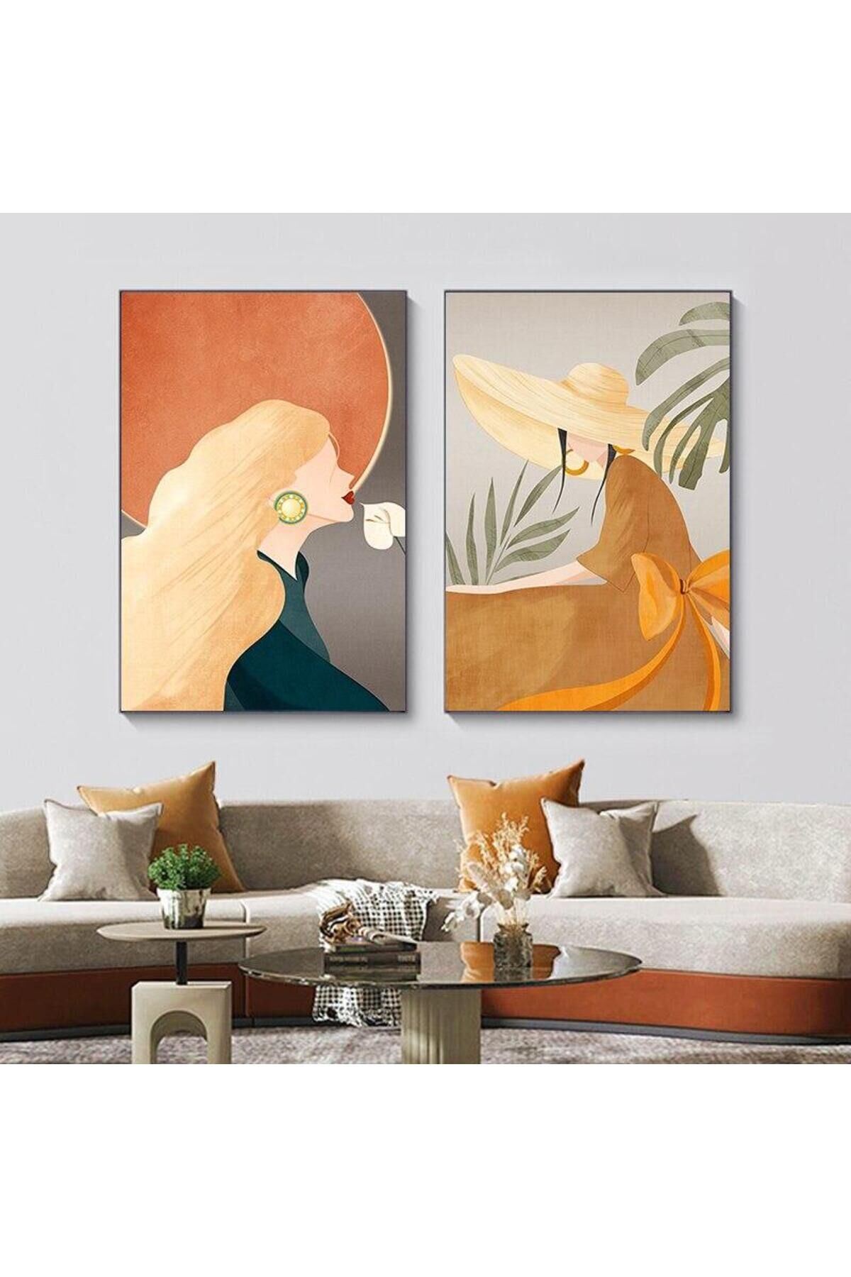 2li Siyah Alüminyum Metal Çerçeve Kadınlar Sanatsal Soyut Turuncu Camlı Tablo Seti