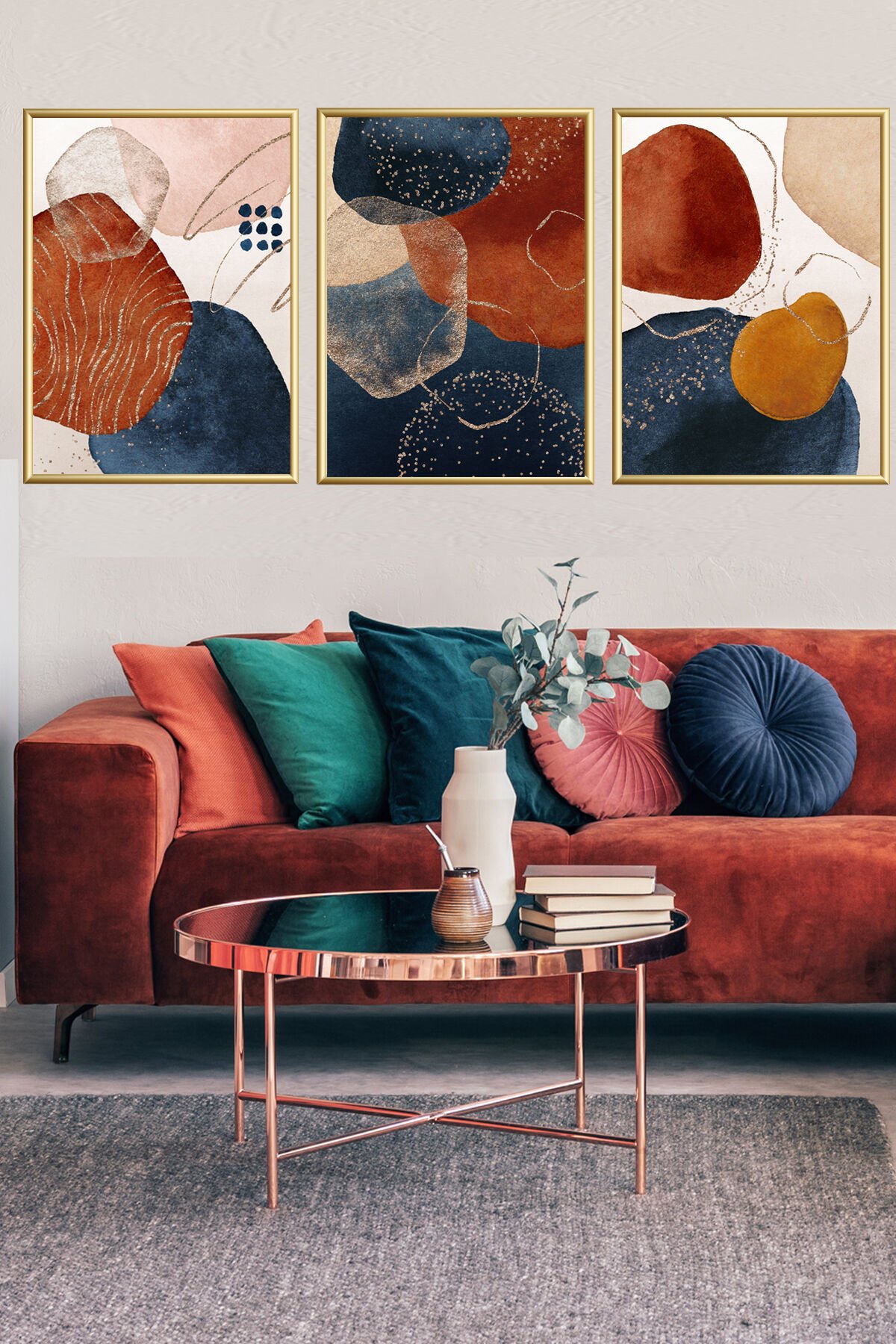 Üçlü Kırmızı Lacivert Cam Dekoratif Metal Tablo Salon Set