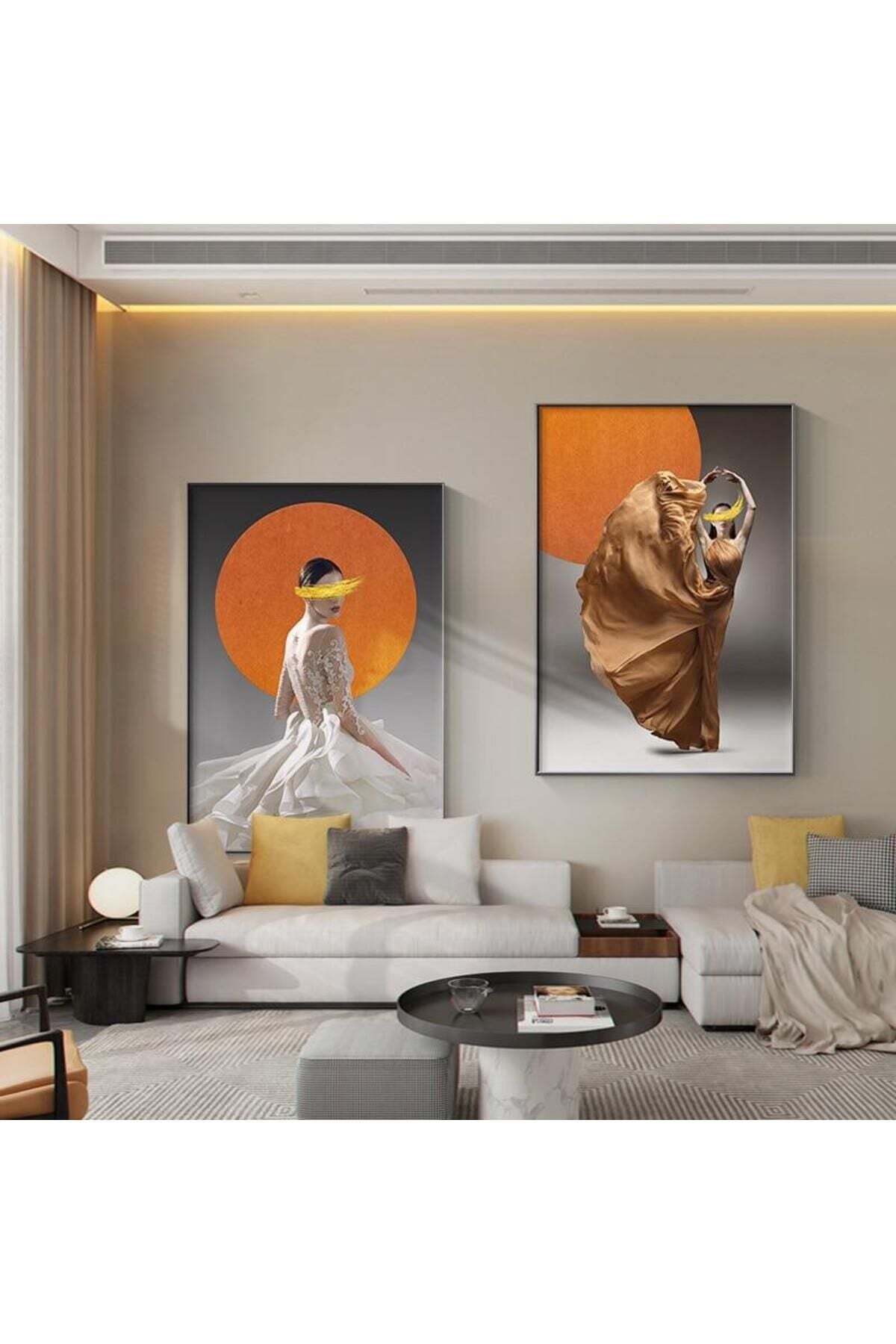 Ikili Siyah Alüminyum Metal Çerçeveli Kadınlar Turuncu Siyah Camlı Poster Tablo Seti