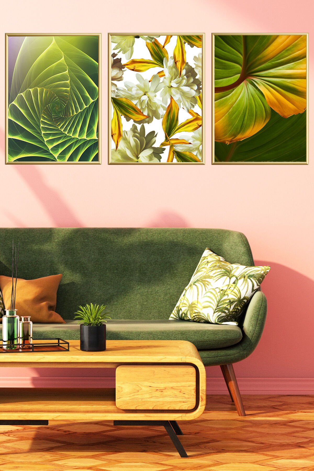 3lu Yeşil Yaprak Doğa Şık Dekoratif Metal Çerçeve Cam Tablo Set