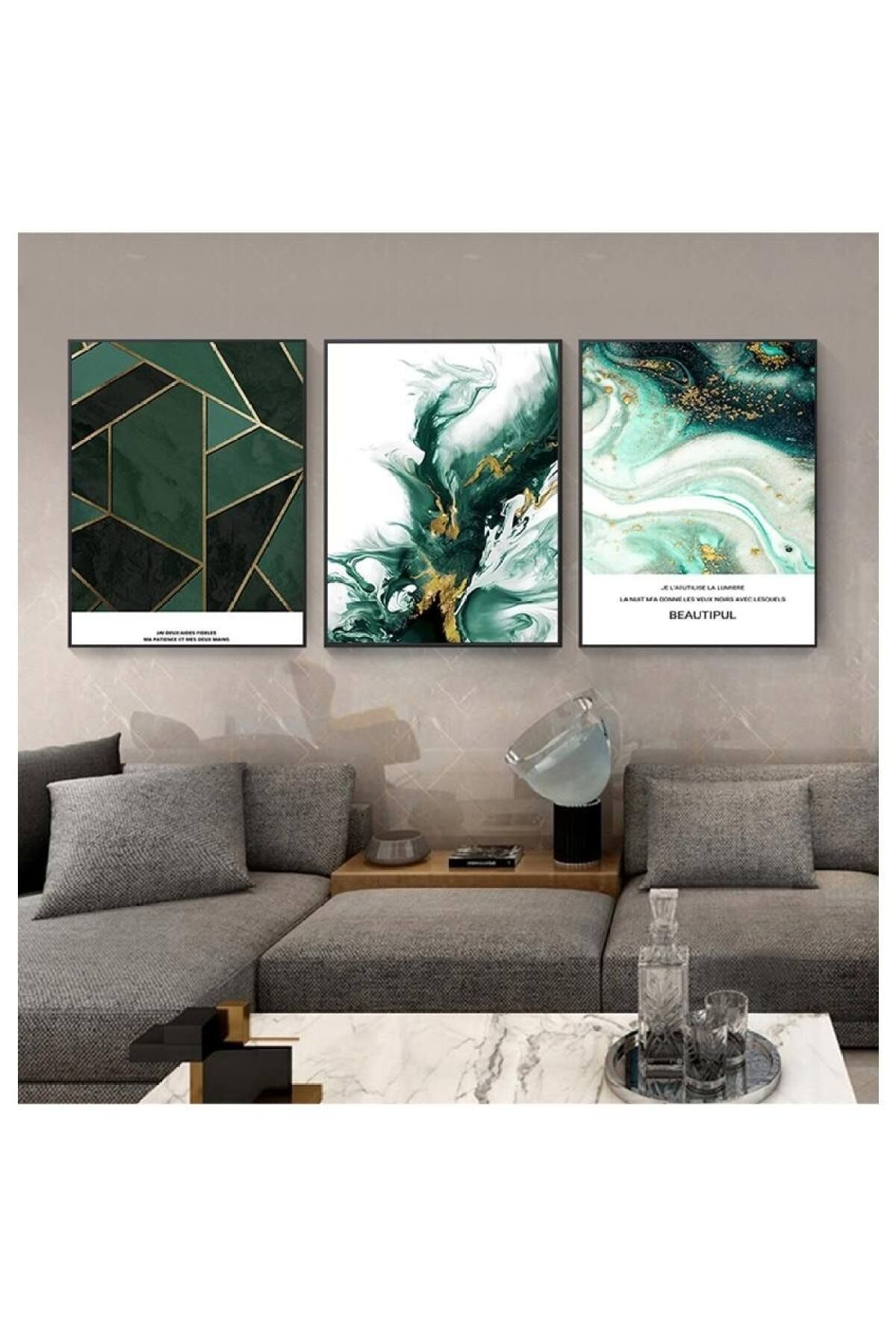 Üçlü Siyah Alüminyum Metal Çerçeveli Yazılı Yeşil Mermer Desen Camlı Tablo Poster Seti