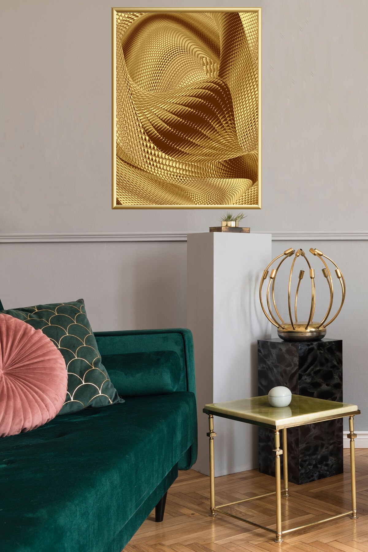 Gold Dekoratif Mutfak Salon Tekli Cam Metal Çerçeveli Poster