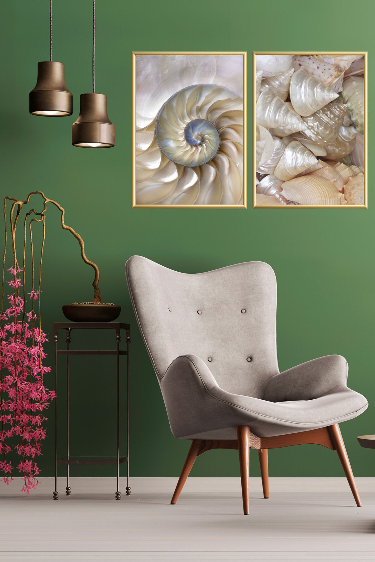 Üçlü Deniz Kabuğu Cam Tablo Metal Mutfak Salon Dekoratif Doğa Çerçeveli Set