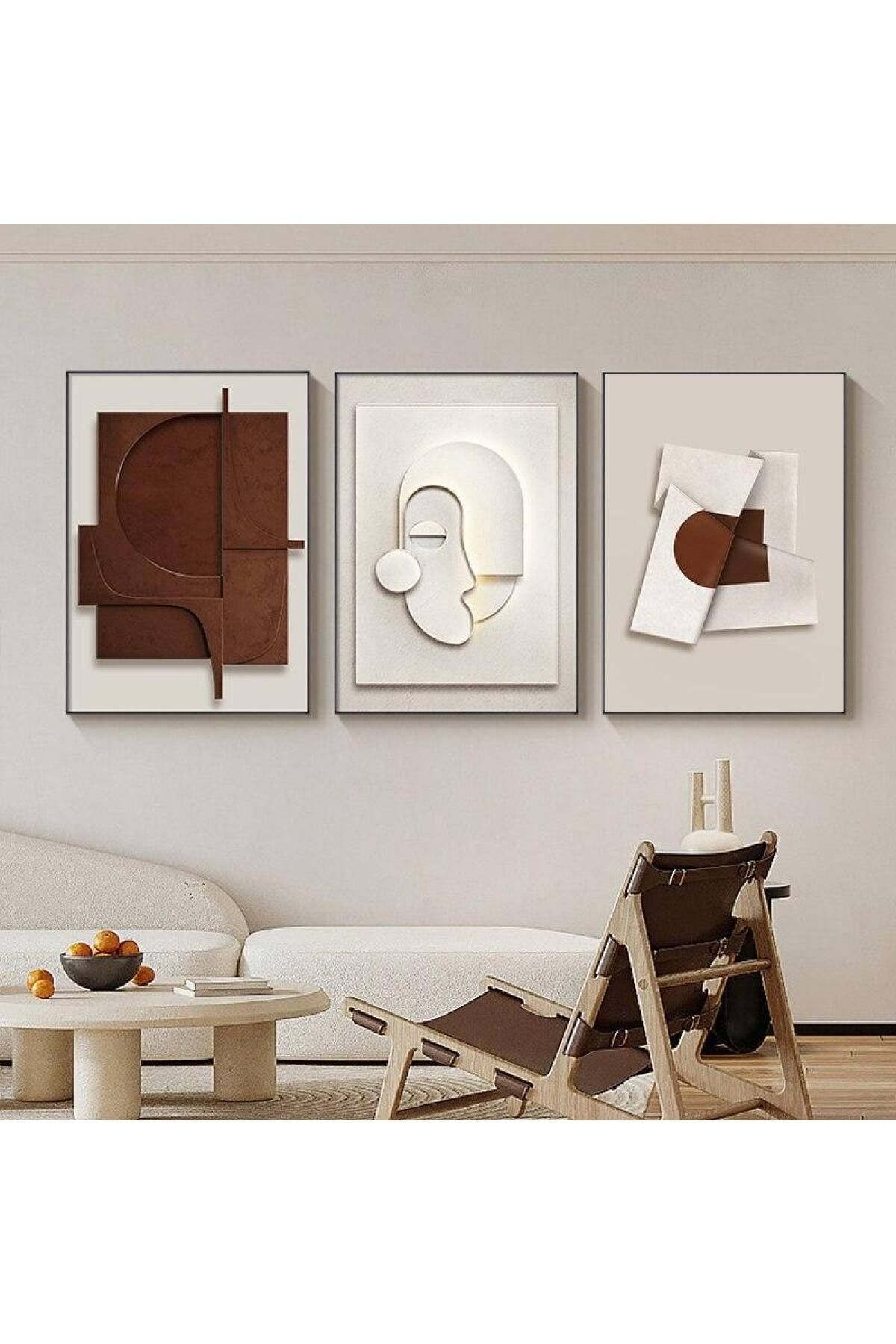 Üçlü Siyah Alüminyum Metal Çerçeveli Soyut Kahverengi Beyaz Mavi Camlı Tablo Poster Seti