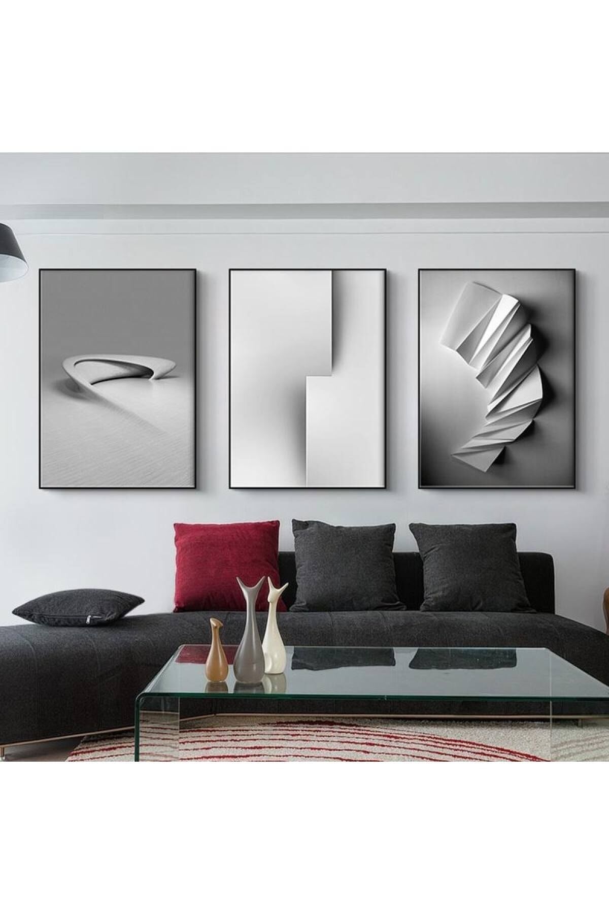 Üçlü Siyah Alüminyum Metal Çerçeveli Minimalist Beyaz Detay Camlı Tablo Poster Seti