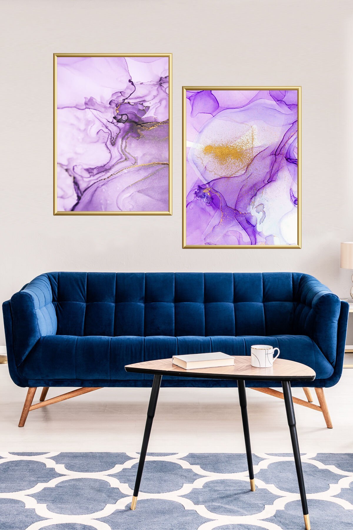 Ikili Metal Mor Desen Gold Çerçeveli Camlı Tablo Seti