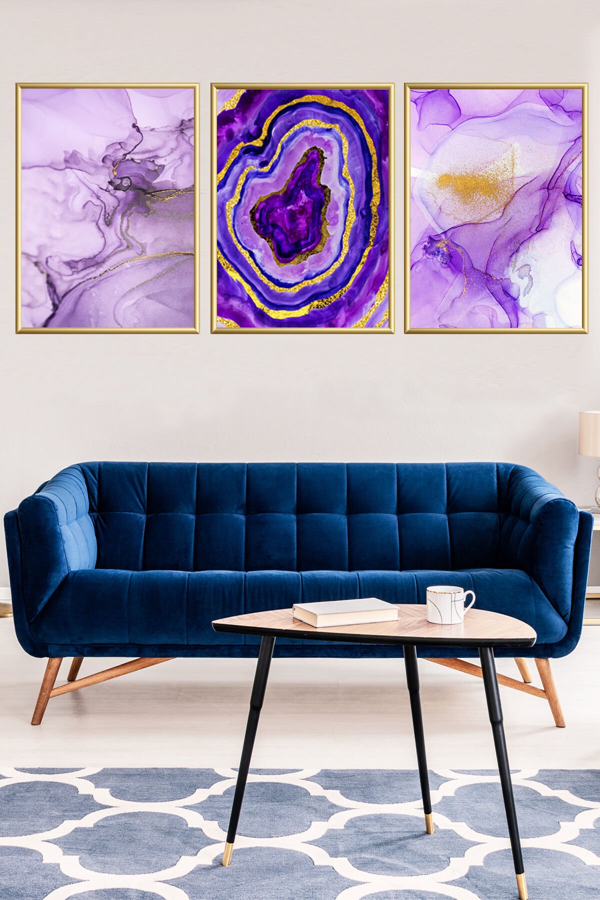 Üçlü Mor Mermer Desen Dekoratif Metal Cam Çerçeveli Set