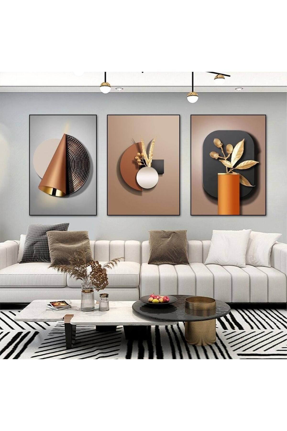 Üçlü Siyah Alüminyum Metal Çerçeveli Minimalist Beyaz Detay Camlı Tablo Poster Seti