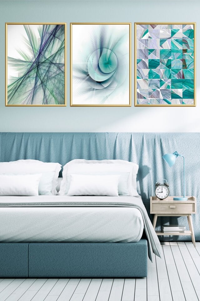 3lu Metal Cam Tablo Mavi Soyut Dekoratif Çerçeveli Set