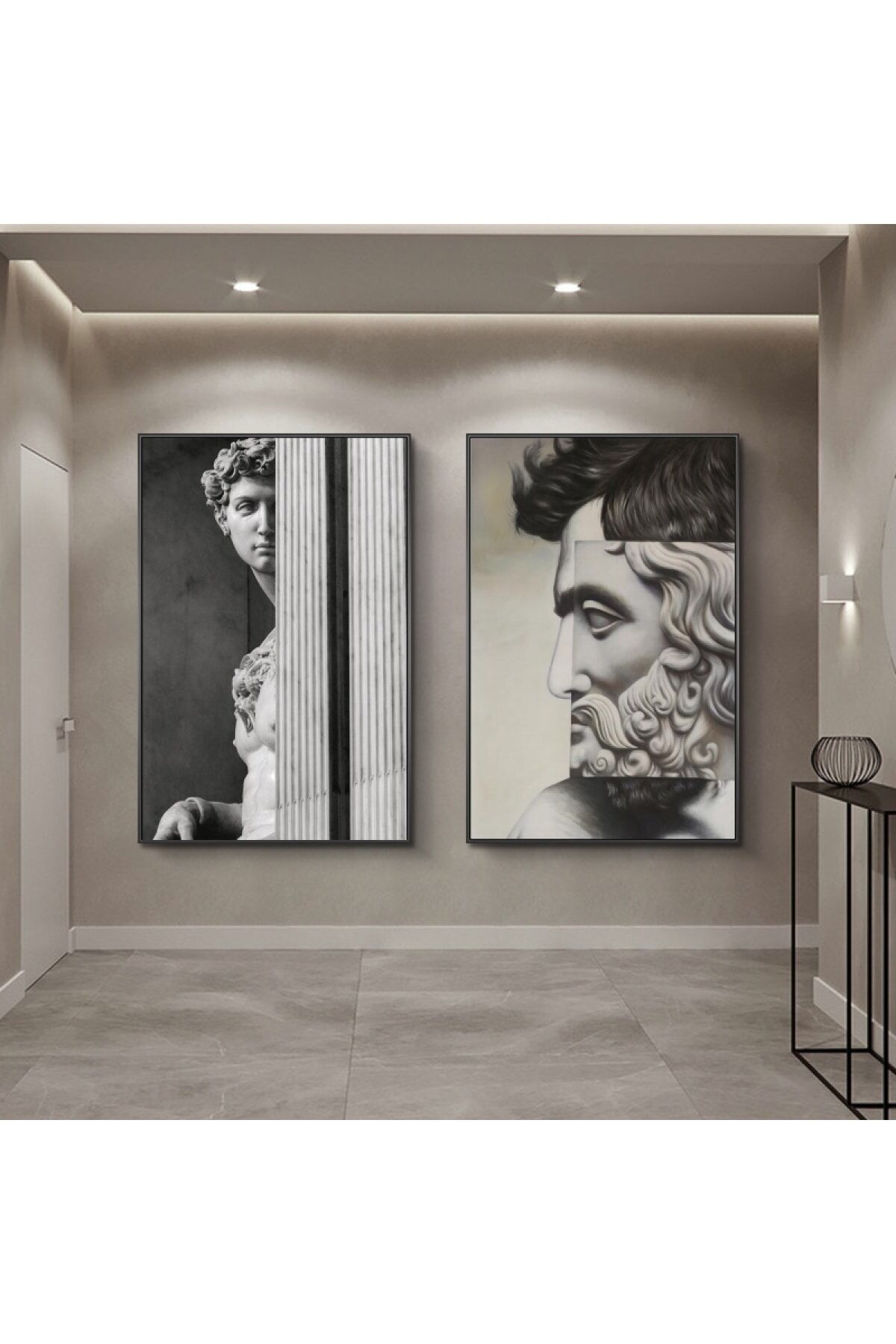 Ikili Siyah Alüminyum Metal Çerçeveli Gold Heykel Sanatsal Gri Camlı Poster Tablo Seti