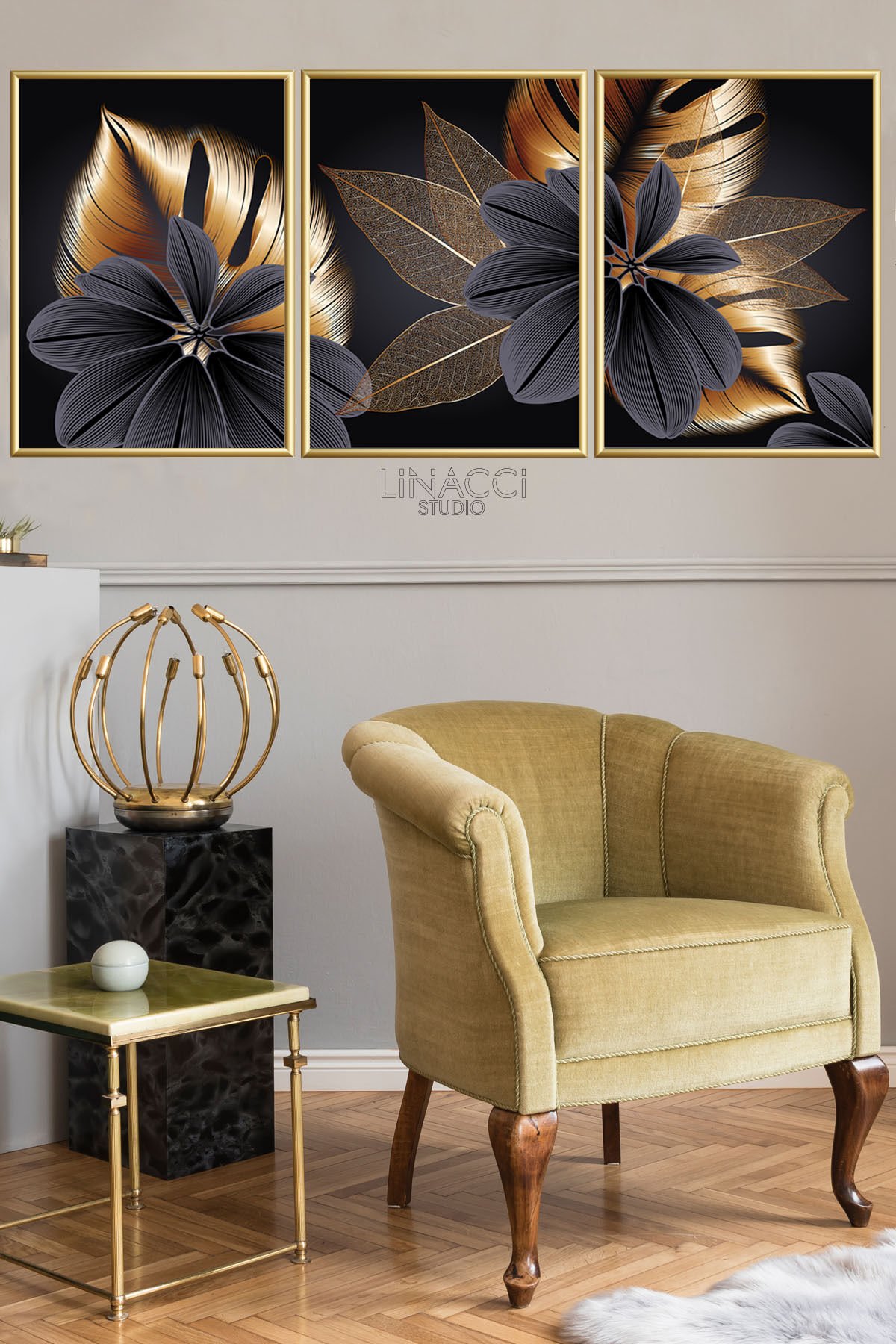 Üçlü Alüminyum Gold Metal Cam Salon Dekoratif Tamamlayan Cam Çerçeveli Poster Seti