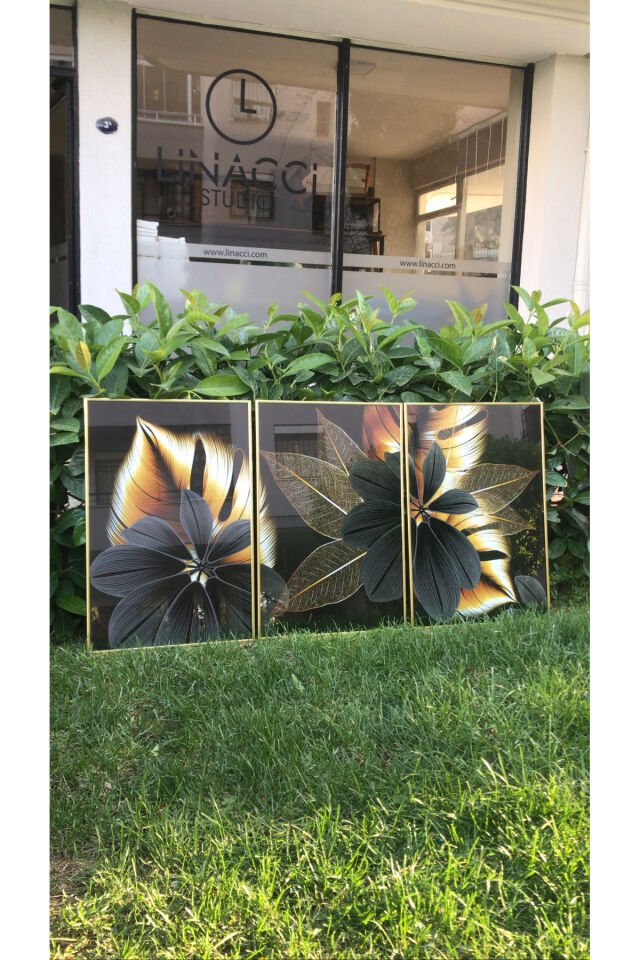 Üçlü Alüminyum Gold Metal Cam Salon Dekoratif Tamamlayan Cam Çerçeveli Poster Seti