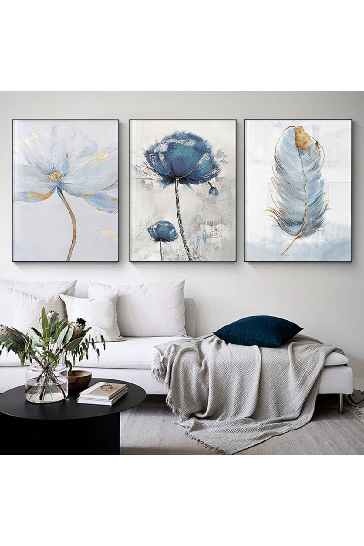 Üçlü Siyah Alüminyum Metal Çerçeveli Mavi Tüy Yaprak Camlı Tablo Poster Seti
